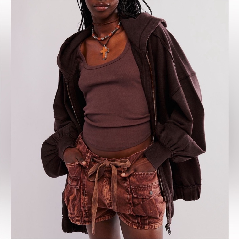 Free People Chocolate Brown Oversized Zip Hoodie
